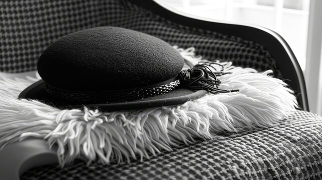 a black and white photo of a hat on top of a white and black chair with a window in the background.
