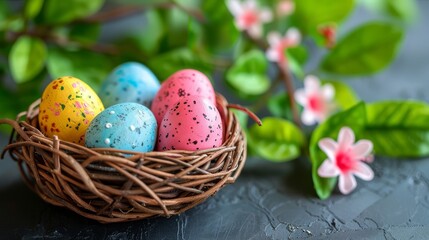 a basket filled with colorful speckled eggs sitting on top of a table next to a green leafy plant.