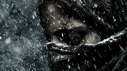 a man standing in the snow with his face covered by a hooded jacket and holding his hands to his face.