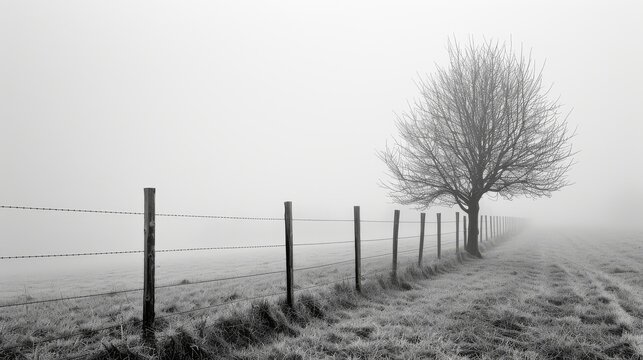 a black and white photo of a foggy field with a tree in the foreground and a wire fence in the foreground.
