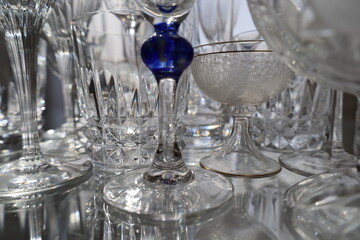 closeup shiny and reflective precious crystal glassware collection