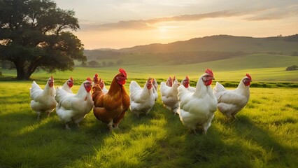 Free-range poultry exploring the field - Powered by Adobe