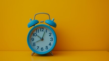 a blue alarm clock sitting on top of a yellow table next to a yellow wall and a yellow wall behind it.