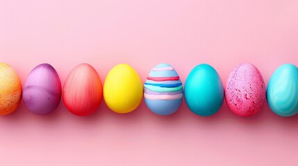 Fototapeta na wymiar a row of different colored easter eggs on a pink and pink background with copy - space in the middle of the row.