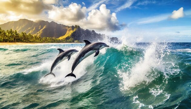  Playful dolphins jumping over breaking waves. Hawaii Pacific Ocean wildlife scenery. Marine