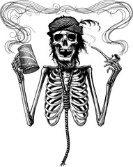 Black and white vector picture of smoking and drinking funny skeleton