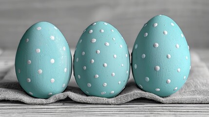 three blue decorated eggs sitting on top of a piece of cloth on top of a wooden table next to a piece of cloth. - obrazy, fototapety, plakaty