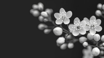 a black and white photo of a bunch of small white flowers on a stem with tiny white flowers on the end of the stem.