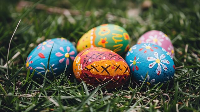 a group of painted easter eggs sitting on top of a lush green grass covered grass covered in lots of different colored eggs.