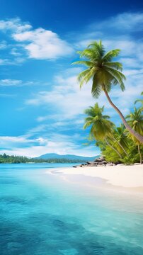 Tropical beach. Exotic landscape with white sand and palm trees on sea coastline