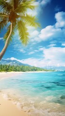 Tropical beach. Exotic landscape with white sand and palm trees on sea coastline