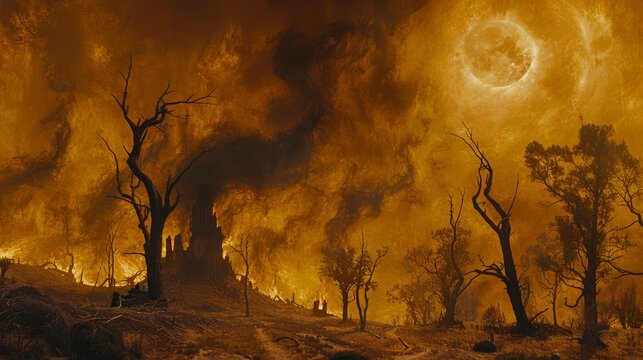 a painting of a fire burning in a forest with a full moon in the sky over a hill with dead trees.