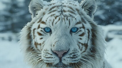 a close up of a white tiger's face with blue eyes and snow on the trees in the background.