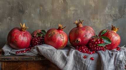 a group of pomegranates sitting on top of a piece of cloth next to a wooden box. - obrazy, fototapety, plakaty