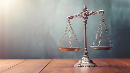 Elegant balance scale crafted with ornate details, placed on a polished wooden surface with a soft-focus background, symbolizing the concept of legal justice and the balance of law.