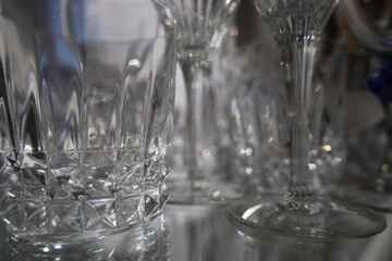 closeup shiny and reflective precious crystal glassware collection