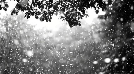 a black and white photo of a tree in the rain with lots of drops of water on the tree branches.