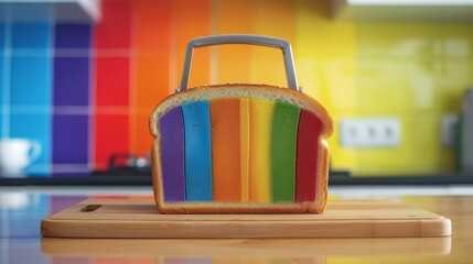 a slice of bread with a multicolored plastic bag on a cutting board in front of a colorful wall.