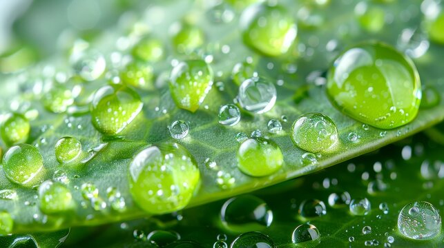 a close up view of a green leaf with drops of water on the leaves and on the leaves is a close up picture of a green leaf with water droplets on the leaves.