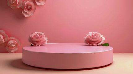 Obraz na płótnie Canvas Modern empty round pink empty podium for cosmetic or product on pale pink background. Stand with artificial flower roses. Gradient wall, stage studio. Advertisement, 3d, blurred shadow. Copy space.