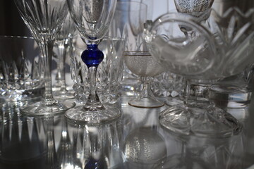 closeup shiny and reflective precious crystal glassware collection