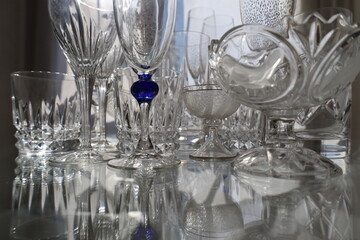 closeup shiny and reflective precious crystal glassware collection