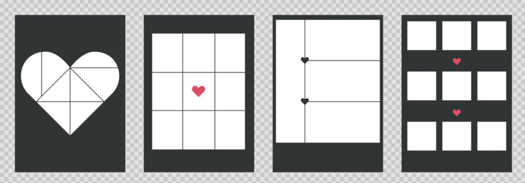 Set of collage posters templates for photos. Vector designs with hearts elements and grid for pictures. Simple trendy geometric design.