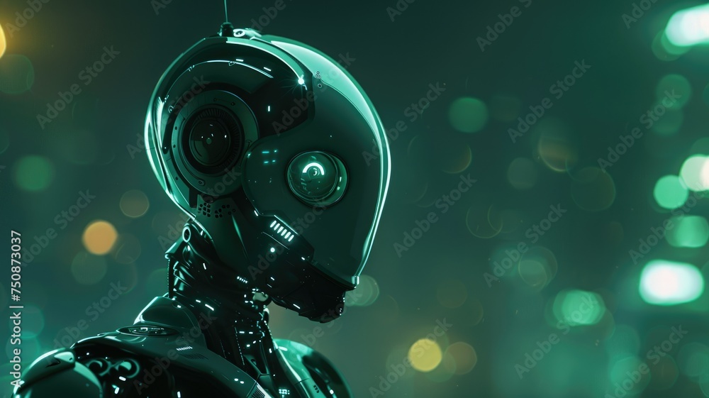 Poster Futuristic robot portrait with bokeh - A close-up portrait of a robot's head with a soft bokeh background enhancing its features
