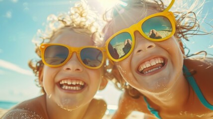 Kids laughing with sunglasses underwater - Two laughing kids with sunglasses play underwater, showcasing happiness and playful energy