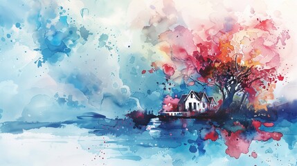 Abstract colorful watercolor painting of landscape with a house on a  
shore of a lake,  watercolor painting. Digital art painting. Ai generative.