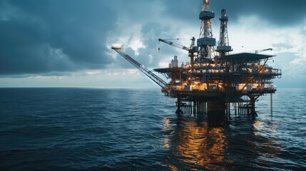 an offshore wellhead platform with an emphasis on the connection to power generation and the petrochemical industry, highlighting the role it plays in supplying energy and essential materials.