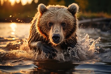 Obraz premium Skillful brown bear fishing at dusk., generative IA