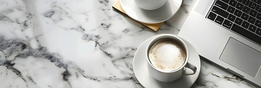 Minimalist workplace with coffee and laptop - A clean and minimalist workspace with a coffee cup and open laptop suggesting productivity and focus