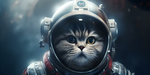 British cat in astronaut outfit ready for space exploration on gray background. Concept British Shorthair cat in astronaut costume against gray backdrop, ready for space adventure