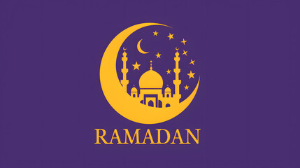 Majestic Ramadan Mosque Silhouette with Golden Moon. Graphic illustration