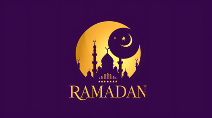 Majestic Ramadan Mosque Silhouette with Golden Moon. Graphic illustration