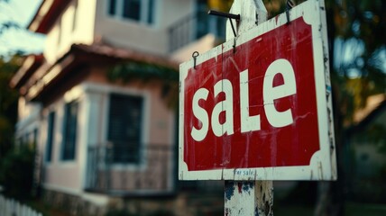 Obraz premium Real estate sale sign in front of a house - Weathered 'sale' sign foregrounding a suburban house, conveying themes of real estate, investment, and home ownership