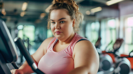 Plus size woman  in sportswear trying working out to lose weight and stay healthy in a fitness center.
