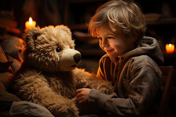 Child embraces plush bear with love., generative IA - obrazy, fototapety, plakaty