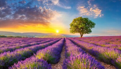 Stunning lavender field landscape Summer sunset with single tree  - 750873853