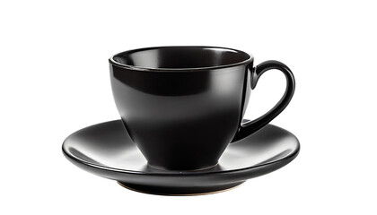 A Black empty coffee cup placed on a saucer. isolated on transparent background.