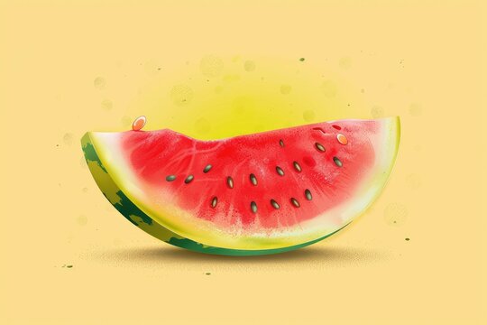 Single slice of watermelon on yellow background - A delicately illustrated watermelon slice with a bitten seed, set against a warm yellow backdrop