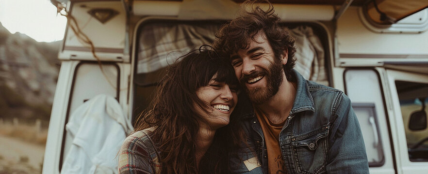 Travel.adult elderly married couple with dog relaxing near a fire near their camper in the woods near a lake,travelling vanlife,camper van,wildlife, trailer traveler, glamping, travel trip road