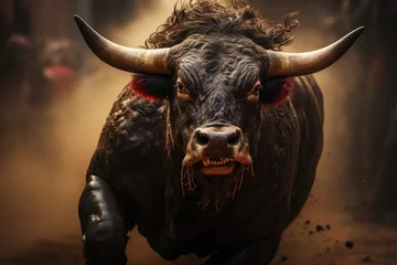 Foto op Plexiglas Tense confrontation furious bull vs. Fearless bullfighter in the arena., generative IA © JONATAS