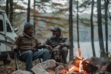 Fototapeta premium Travel.adult elderly married couple with dog relaxing near a fire near their camper in the woods near a lake,travelling vanlife,camper van,wildlife, trailer traveler, glamping, travel trip road