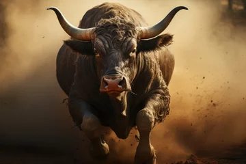 Selbstklebende Fototapeten Tense confrontation furious bull vs. Fearless bullfighter in the arena., generative IA © JONATAS