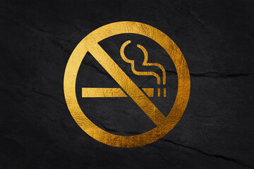 Gold No Smoking icon isolated on black background. Cigarette symbol. Long shadow style. Vector.