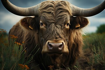 Majestic bull, imposing horns, grazing in Campo Verde., generative IA - obrazy, fototapety, plakaty