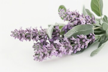 Lavender sage leafs on white background, macro.