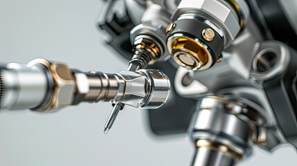 close-up of a gasoline injector and pump against a white background, highlighting the precision and efficiency of modern automotive technology in fuel delivery.